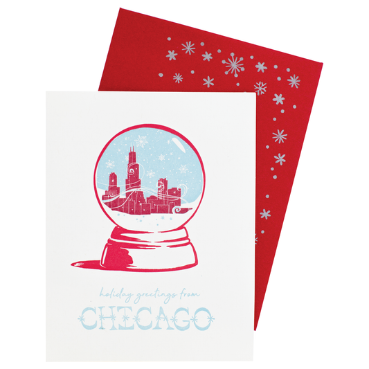 Chicago, IL Snow Globe Holiday Card with Printed Envelope